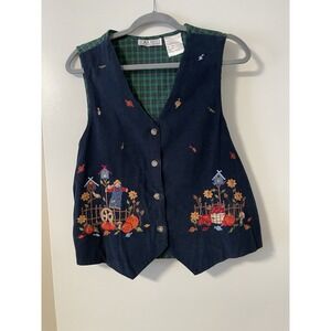 Vintage Grandma Teacher 90s Embroidered Fall Corduroy Vest Plaid Back Medium